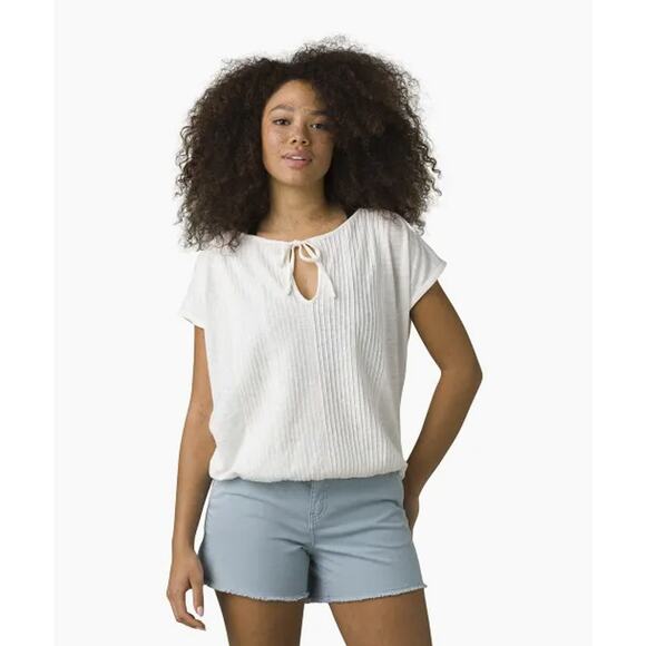 PRANA Women's Ocupas Popover Top Medium Soft White Pintuck Short Sleeve NWT - Picture 1 of 11